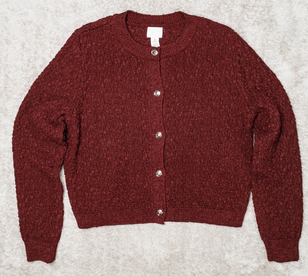 H&M Textured Knit Long Sleeve Burgundy Cardigan Silver Buttons Womens Size L